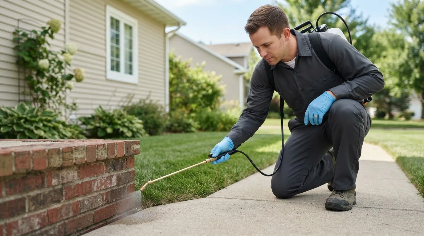 Pest control technician treating a home near De Soto, WI