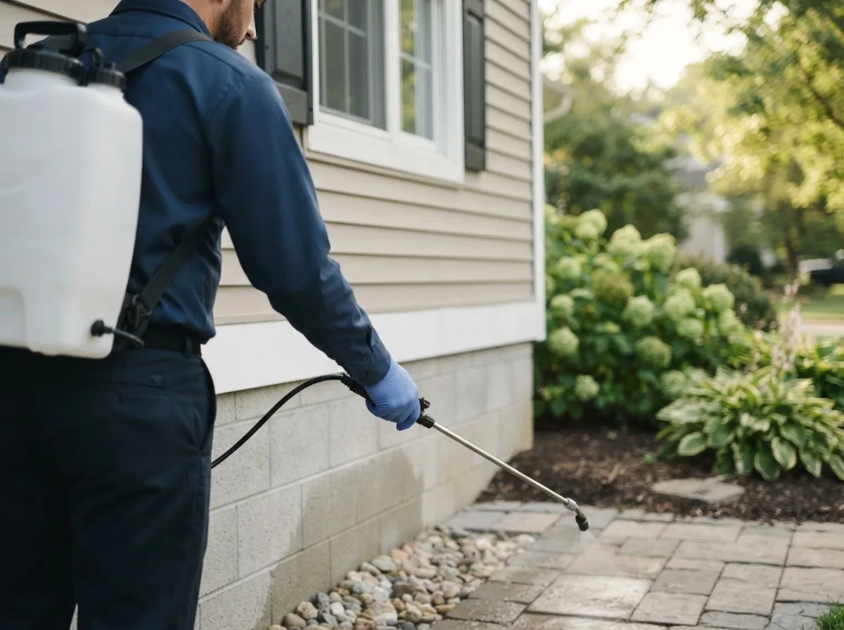 Pest control technician inspecting a home in De Soto, WI